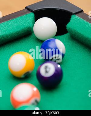 Pool game balls on green felt table Stock Photo