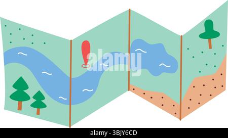 Map of wooded area with destination point for tourist hiking trip. Hand drawn illustration of paper layout with trees, river, lake. Vector graphics Stock Vector