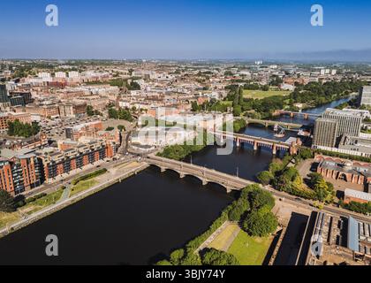 Glasgow Scotland: 18th May 2025: Drone photo of River Clyde bridges with City of Glasgow College exterior on sunny day nautical training facility Stock Photo