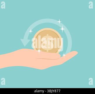 A hand holding a gold coin above its palm with a cashback arrow around it. Flat vector illustration Stock Vector