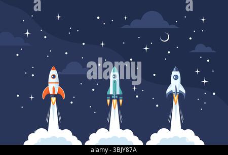 Three space rockets launching into the starry universe. Flat vector illustration Stock Vector