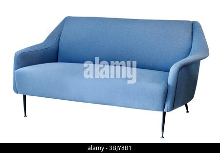 Comfortable light blue sofa with thin black legs isolated on a white background Stock Photo