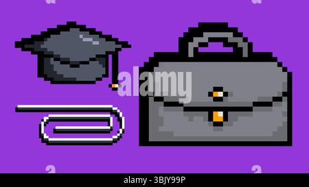 Graduation cap briefcase and paperclip on purple background. Career planning and employment Stock Vector