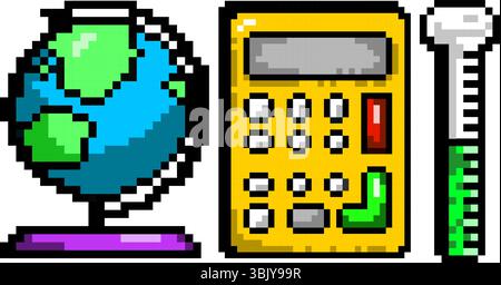 Globe calculator and test tube in vibrant pixel style. Worldwide education and learning Stock Vector