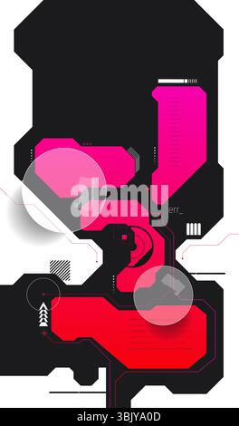 Glitch UI display with red and magenta modular circuits and error codes. Digital art collage Stock Vector