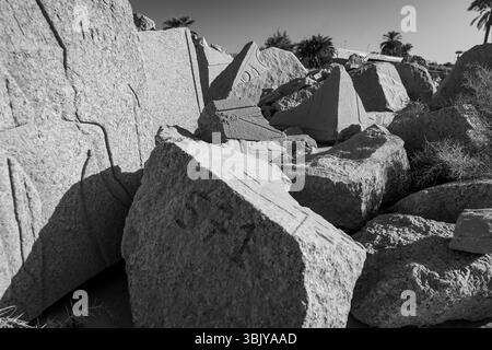 A black and white shot shows a pile of large, rough-hewn stones, likely remnants of an ancient structure, possibly from Egypt, given the hieroglyphic-like carvings on some of the stones. The stones are various shapes and sizes, some with flat surfaces and sharp edges, others more rounded and weathered. The scene is bathed in bright sunlight, creating strong shadows that emphasize the texture and form of the stones. In the background, palm trees and a building can be seen, suggesting the location is a historical site or park. Stock Photo