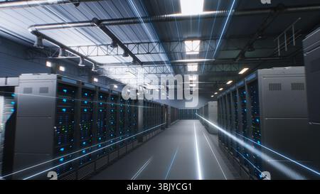 Modern Data Technology Center with Server Racks in Large Storage with VFX Animation. Animated Visualization of Data Flow, Internet Traffic on Servers. AI Digitalization and Internet of Things Concept. Stock Photo