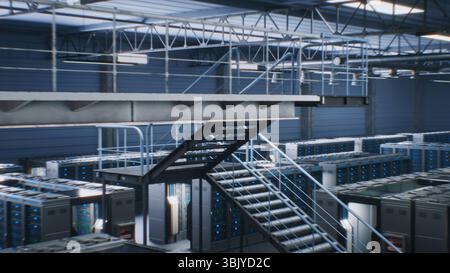 Futuristic Data Center with Server Racks in Big Warehouse. Animated Visualization of Internet Servers, AI Information Technology and Cybersecurity. IOT and Digitalization Concept. VFX Animation. Stock Photo