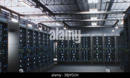 Futuristic Data Center with Server Racks in Big Warehouse. Animated ...