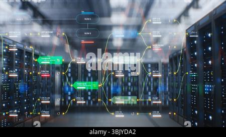 Modern Data Technology Center with Server Racks in Big Storage with VFX Animation. Animated Visualization of Diagrams of Internet Traffic on Servers. Digitalization and Internet of Things Concept. Stock Photo