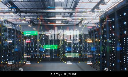 Modern Data Technology Center with Server Racks in Storage with VFX Animation. Animated Visualization of Diagrams of Networking System, Internet Traffic on Servers. Digitalization, Internet of Things. Stock Photo