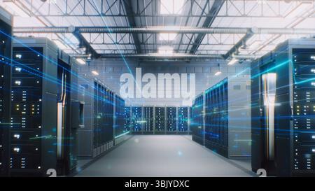 Modern Data Technology Center with Server Racks in Big Storage with VFX Animation. Animated Visualization of Data Flow, Internet Traffic on Servers. Digitalization and Internet of Things. Dolly Shot. Stock Photo