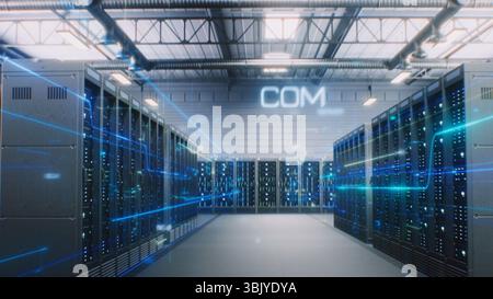Modern Data Technology Center with Server Racks in Big Storage with VFX Animation. Animated Visualization of Data Flow, Internet Traffic on Servers. Digitalization and Internet of Things. Dolly Shot. Stock Photo