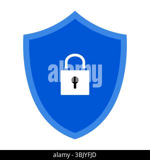 Secure Lock Shield Icon Illustration. This vector illustration features a blue security shield with a thick border and a centered white padlock icon. Stock Vector