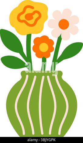 Green vase with yellow and pink flowers. Flat cartoon style floral illustration. Isolated on white background. Stock vector illustration in flat carto Stock Vector
