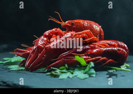 Red boiled cooked crayfish crawfish on tabletop. Stock Photo