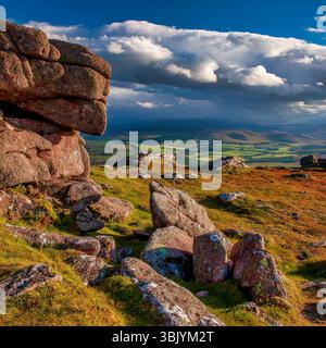 A view from the summit of Ben Rinnes near Aberlour in moray, Scotland on a stormy day in summer with heavy rain and thick clouds over the Cairngorms Stock Photo