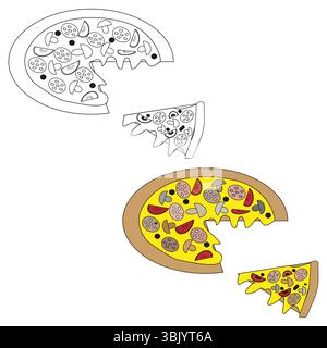 Color pizza icon. Outline slice vector. Mushrooms pepperoni shape. Fast food drawing. Stock Vector