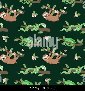 Tropical animals pattern with sloths and chameleons for fabric design or wallpaper. Stock Vector