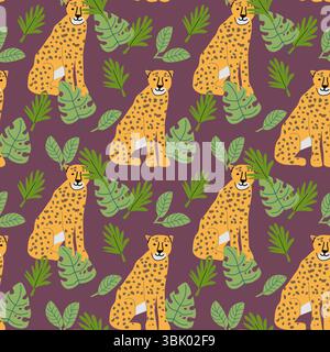 Tropical wildlife pattern with leopards and leaves for decorative design. Stock Vector
