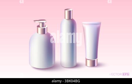 Cosmetic set, cream, shampoo, gel, mockup objects on pink background. Vector illustration Stock Vector