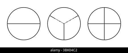 Divided circle in two, three, four segments. Pizza rounded shape, pie shape cut in 2,3,4 equal slices. Black simple line chart. Outline style.  Stock Vector