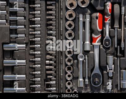 Ratchet spanners in car toolbox closeup photo Stock Photo
