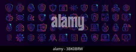 Cybersecurity icon set with neon gradient style. Shield, padlock, firewall, fingerprint, virus, hacker, cloud and data protection symbols for cyber Stock Vector
