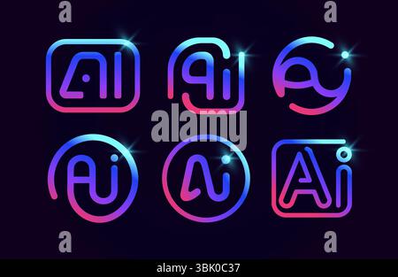 AI Logo Design Template Neon Gradient Style. Artificial Intelligence Outline Icons. Modern Logotype For Digital Automatisation Tech Branding, Startup Stock Vector