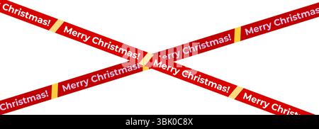 Red Horizontal Tape With Merry Christmas Text And Yellow Stripe Dividers. Flat Holiday Ribbon Design For Greeting Cards Or Decoration. Vector Stock Vector