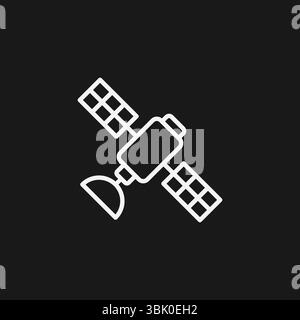 Space Satellite with Solar Panels on Black Background, Representing Communication or Exploration, White Outline Icon Stock Vector