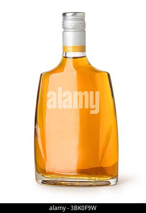 Closed whiskey bottle with silver cap standing on a white background Stock Photo
