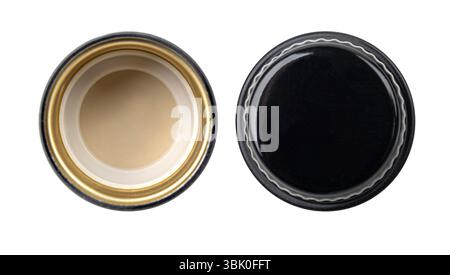 Showing the open and closed view of a black and gold metal screw cap lid, isolated on a white background Stock Photo