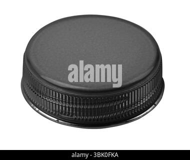One Black  plastic bottle caps shown from different angles, isolated on a white background Stock Photo