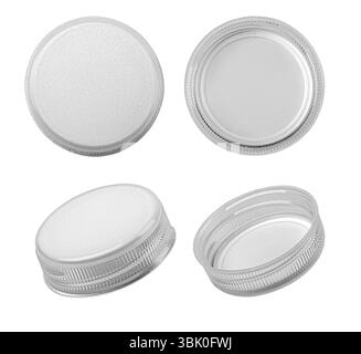 Four grey plastic bottle caps isolated on white background, showing different perspectives Stock Photo