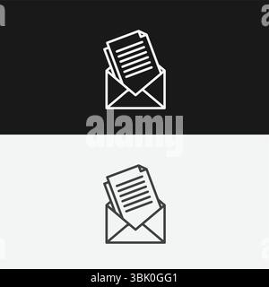 Open Envelope with Business Letter or Document on Black and White Backgrounds, Representing Mail or Unread Messages, White Outline Icon Stock Vector