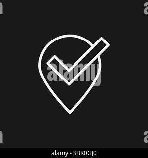 Location Pin with Checkmark on Black Background, Representing Verified Location or Successful Check-in, White Outline Icon Stock Vector