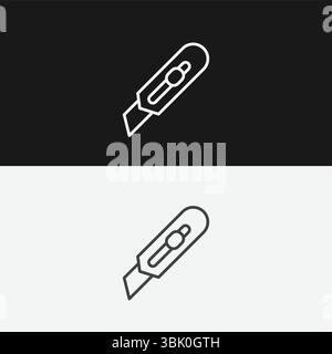 Utility Knife or Box Cutter on Black and White Backgrounds, Representing Cutting Tools or Crafting, White Outline Icon Stock Vector