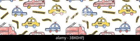 Colorful seamless pattern of crayon drawn vehicles: police car, taxi, ambulance truck and road symbol for bedroom. Vector wax pastel squiggles with Stock Vector