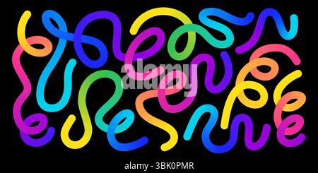 Funky gradient organic line pattern with colorful wavy swirl shapes on black background Stock Vector