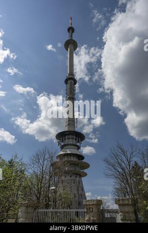 Telecommunications tower, radio transmitter on the Ochsenkopf, built in 1958, Bavarian Forest, Bavaria, Germany, Europe Stock Photo