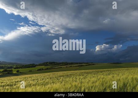 Dramatic cloudy sky with approaching storm and last rays of sunshine, Frankenhain, dark cloud wall, cumulonimbus and cumulus clouds, thunderstorm in t Stock Photo
