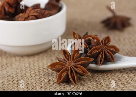 Star anise in a white ceramic spoon on burlap, close-up Stock Photo