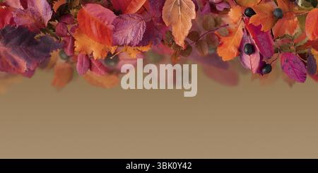 Autumn leaves of Viva Magenta color on a beige background. Lovely colorful background with copy space Stock Photo