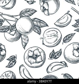 Persimmon seamless pattern. Hand drawn sketch vector illustration. Food products, tropical fruits background. Fabric design, wrapping paper, textile p Stock Vector