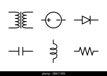 Icons of transformers, power, and mixed components for electronic circuit diagrams. Stock Vector