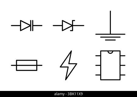 Icons of Zener diodes, grounding, and fuses for circuit schematics and electronics design. Stock Vector