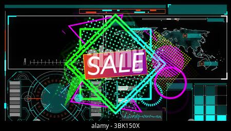 Displaying SALE banner hovering over neon hexagon shapes in futuristic UI, with world map grid Stock Photo