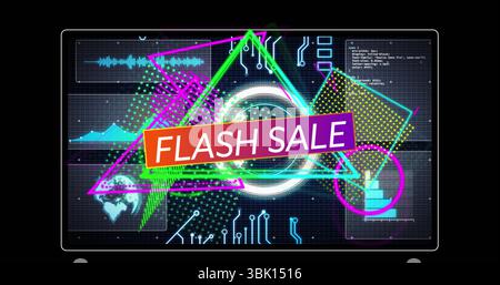 Displaying central FLASH SALE banner glowing within neon circle on screen, with world map icon Stock Photo