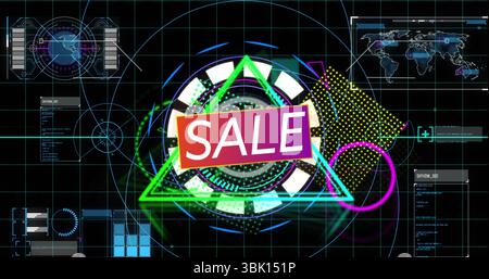 Displaying SALE graphic featuring gradient rectangle, neon triangle, HUD ring at digital interface Stock Photo